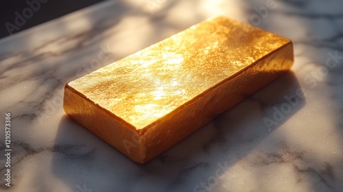 Gold bar shining under sunlight on a marble surface, highlighting its reflect...