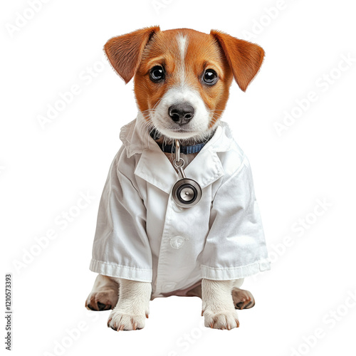 Cute puppy dressed as a doctor, sitting on a transparent background