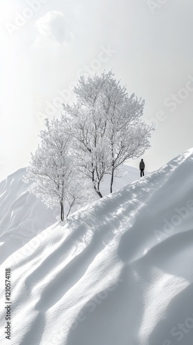 Winter hiker trudges through deep snow on a mountain path surrounded by frost...