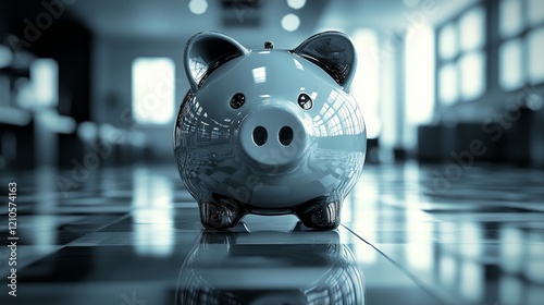 Piggy bank placed on a shiny floor in a modern indoor space during daylight