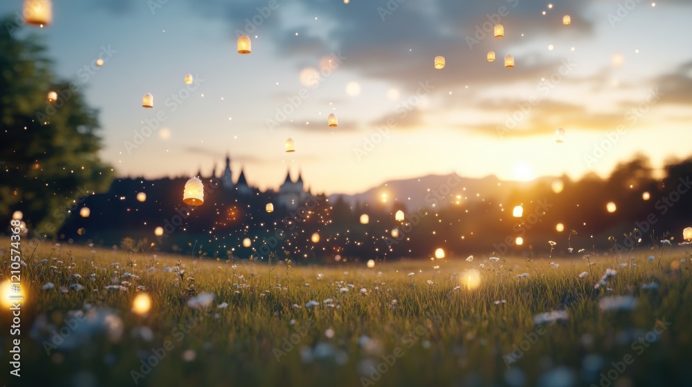 Enchanting meadow at sunset filled with lanterns and a fairytale castle Enchanting meadow at sunset filled with lanterns and a fairytale castle