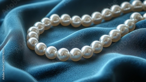 Elegant pearl necklace resting on luxurious blue fabric with soft texture and...