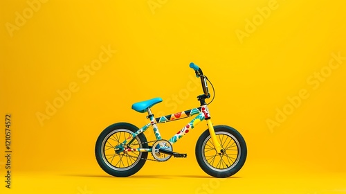 A childrena??s bike with fun designs positioned against a bright yellow backdrop photo