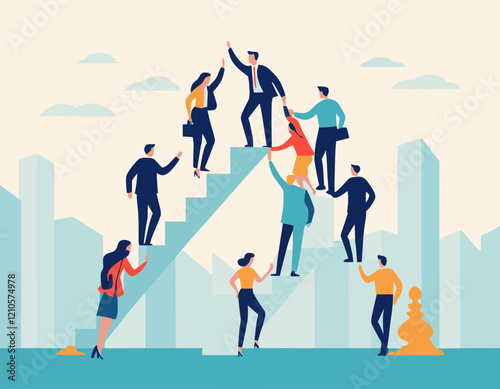 Team support help success, teamwork to progress and success together, company growth step or employee development, team achievement concept, business people team up holding hand help climb up stair.