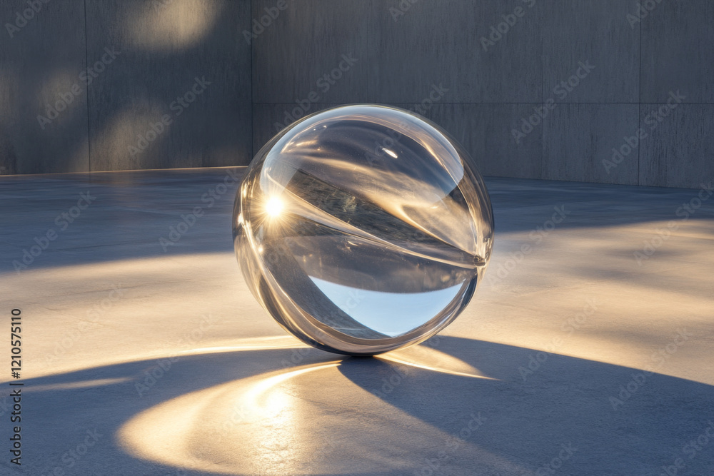 Clear glass sphere reflecting sunlight on a smooth surface in an outdoor setting during the golden hour Clear glass sphere reflecting sunlight on a smooth surface in an outdoor setting during the golden hour