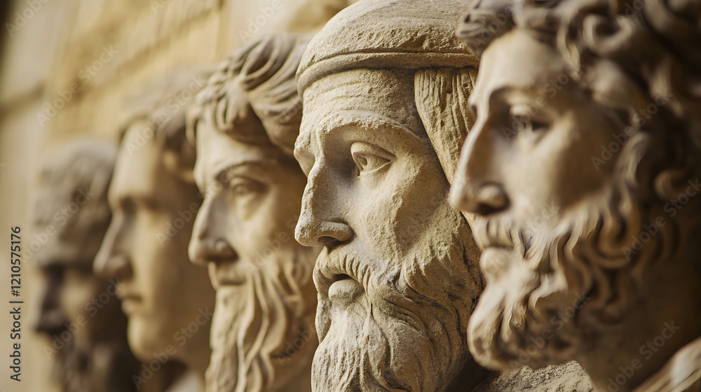Close-Up of Intricately Carved Historical Stone Statues in a Row Exuding Timeless Wisdom : Generative AI Close-Up of Intricately Carved Historical Stone Statues in a Row Exuding Timeless Wisdom : Generative AI