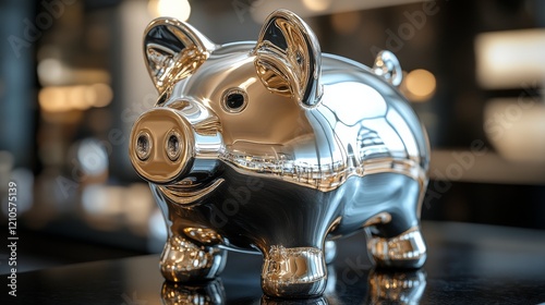 Modern metallic pig sculpture showcased in contemporary kitchen setting
