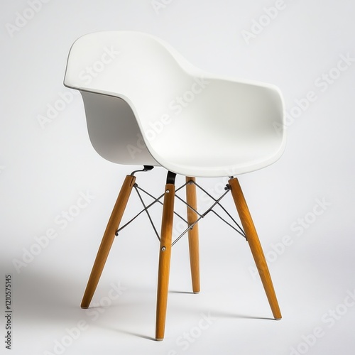 Modern white chair with wooden legs displayed against a plain background photo