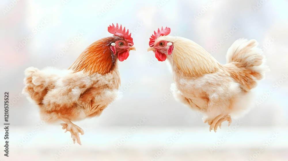 Fototapeta premium Two roosters facing, farm animals, blurred background, springtime
