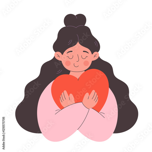 Woman hugging heart. Love yourself, self care and self acceptance concept. Mental health. Vector illustration in flat style