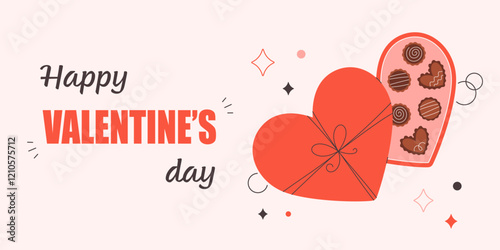 Happy Valentines Day greeting card with chocolate box in heart shape. Perfect for celebration Valentine Day, love couple, romantic gift. Vector illustration in flat style