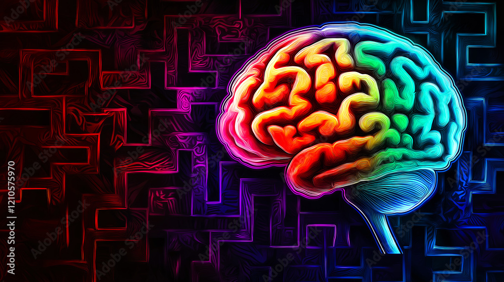 Vibrant of glowing, multicolored brain against dark abstract maze-like background, symbolizing creativity, intelligence, and complexity of thought processes Vibrant of glowing, multicolored brain against dark abstract maze-like background, symbolizing creativity, intelligence, and complexity of thought processes