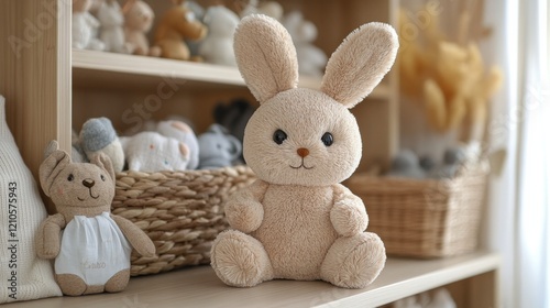 Soft plush bunny and bear toys on a shelf in a cozy room filled with decorati...
