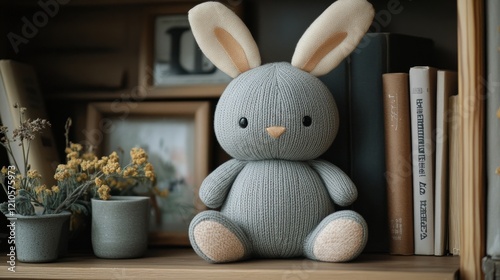 Soft plush bunny and bear toys on a shelf in a cozy room filled with decorati...