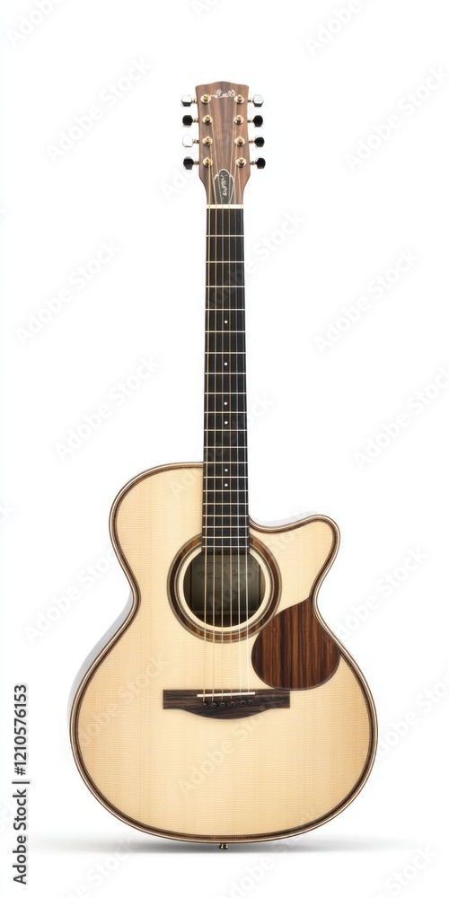 Obraz premium Classic Acoustic Guitar on White Background: A Wooden Folk Instrument in Brown and Yellow Tones