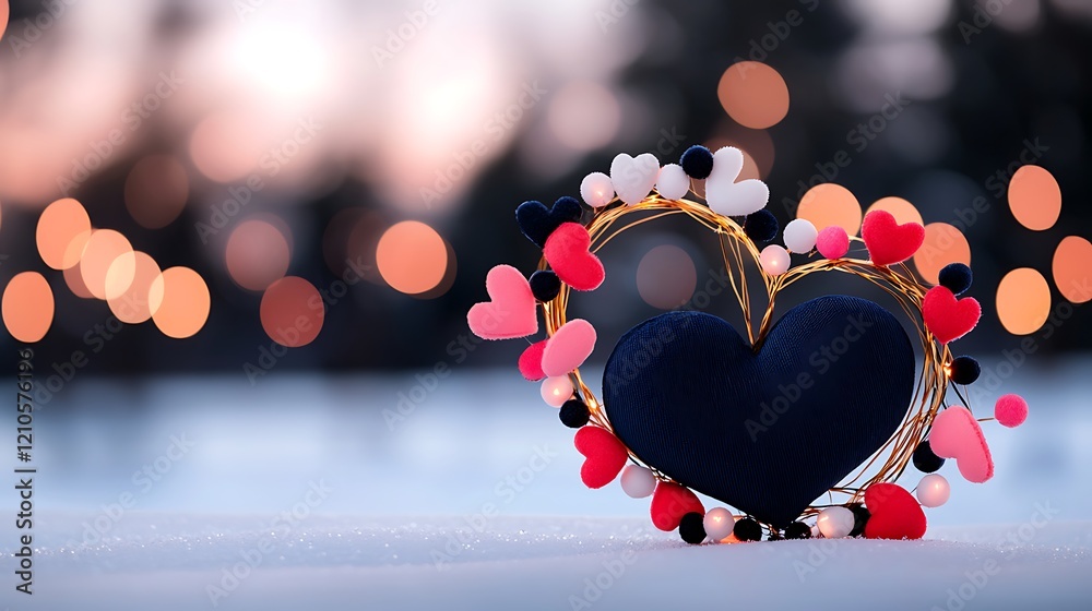 custom made wallpaper toronto digitalTwo intertwined hearts, one navy blue, surrounded by smaller colorful hearts and fairy lights, rest on snowy ground against a blurred sunset background.