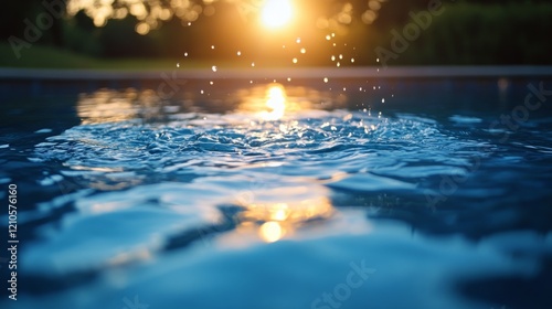 Sunlight reflects on the tranquil water surface of a swimming pool surrounded...