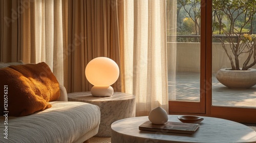 Elegant spiral lamp illuminating a modern living room with fireplace and styl...