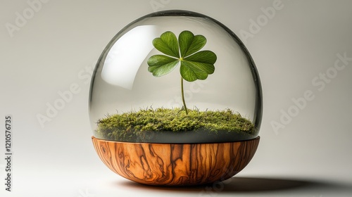 Unique glass dome showcasing a four-leaf clover resting on moss in a wooden base