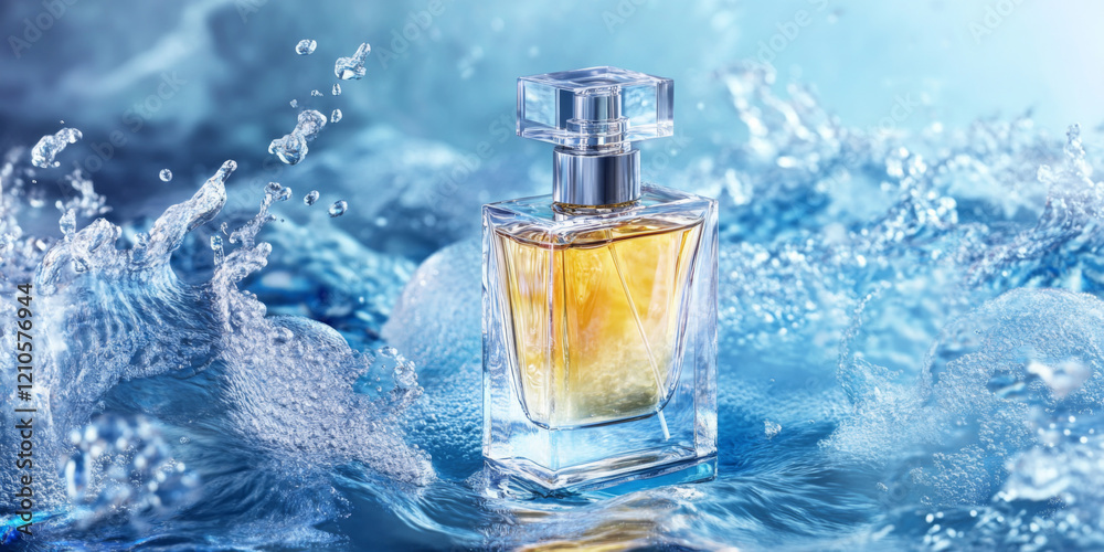 Elegant perfume bottle surrounded by splashes of water in a serene setting Elegant perfume bottle surrounded by splashes of water in a serene setting