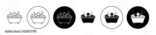 baby bath on bathtub Iconss set in black filled and stroke line style