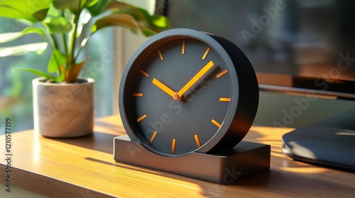 Unique decorative clock displayed on a wooden table with a vase and natural l...