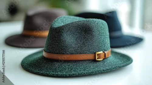 Green felt hat resting on a table with natural light illuminating the scene a...