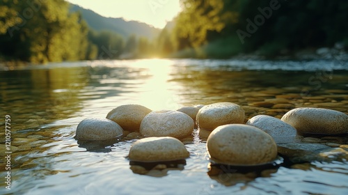 Tranquil pathway of stones across a peaceful stream at sunset in a natural se...
