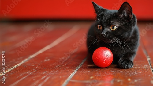 Cat playing with orange ball on wooden floor in a sunlit room