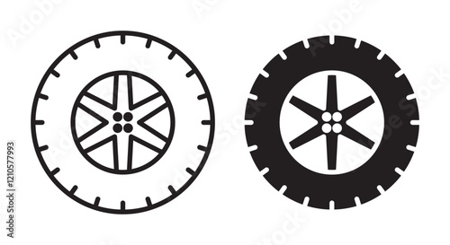 Car wheel icons set in black filled and stroke line style