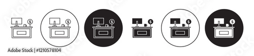 cashier table icons set in black filled and stroke line style