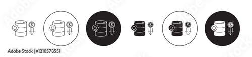 Crude oil price decrease Icons set in black filled and stroke line style
