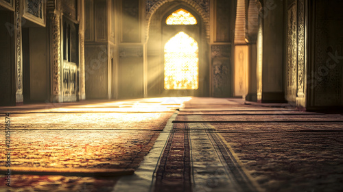 Sunlit Interior of Mosque Highlighting Beautifully Patterned Rugs and Meandering Light : Generative AI