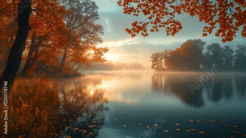 Serene autumn sunrise over tranquil lake with colorful foliage reflecting on ...