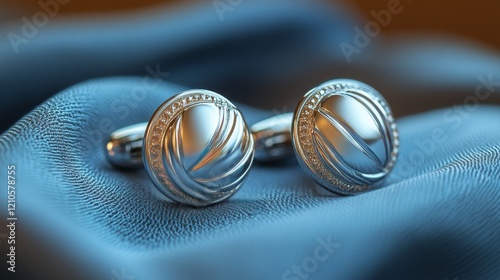 Elegant black cufflinks showcased on soft fabric with a warm background enhan...