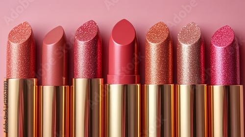 Colorful lipstick collection arranged neatly on a surface with golden tubes i...