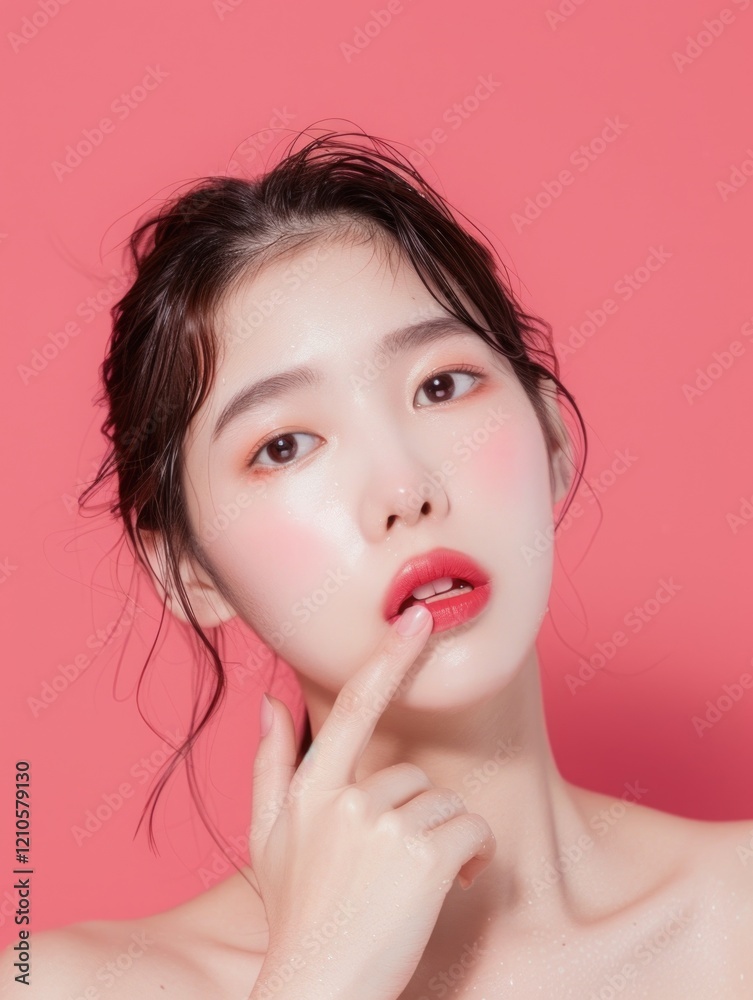 Bold, vibrant makeup; glossy lips; peach skin tone; youthful beauty; fashion model Bold, vibrant makeup; glossy lips; peach skin tone; youthful beauty; fashion model