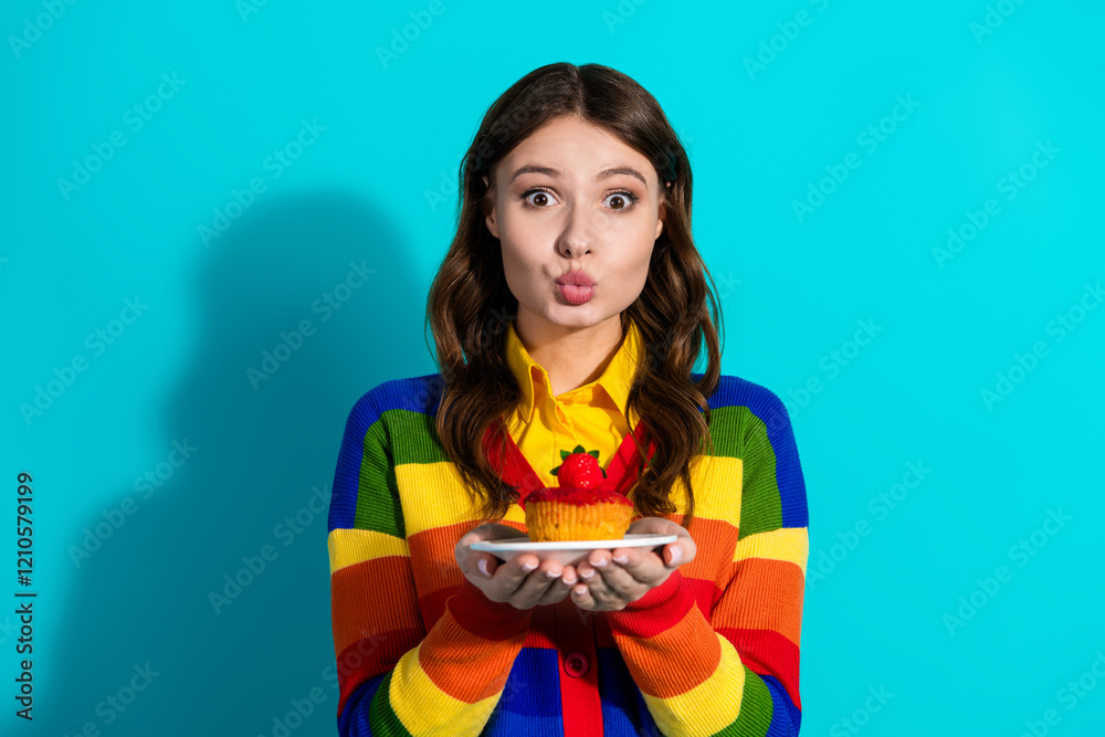 Happy young woman in a colorful striped cardigan holds a dessert against a teal background Happy young woman in a colorful striped cardigan holds a dessert against a teal background
