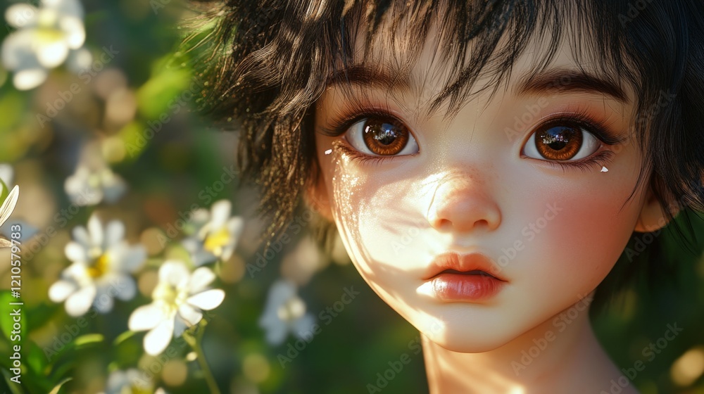 A doll with brown hair and brown eyes is standing in a field of flowers. The doll's eyes are closed, and it is looking at the camera. The scene is peaceful and serene A doll with brown hair and brown eyes is standing in a field of flowers. The doll's eyes are closed, and it is looking at the camera. The scene is peaceful and serene