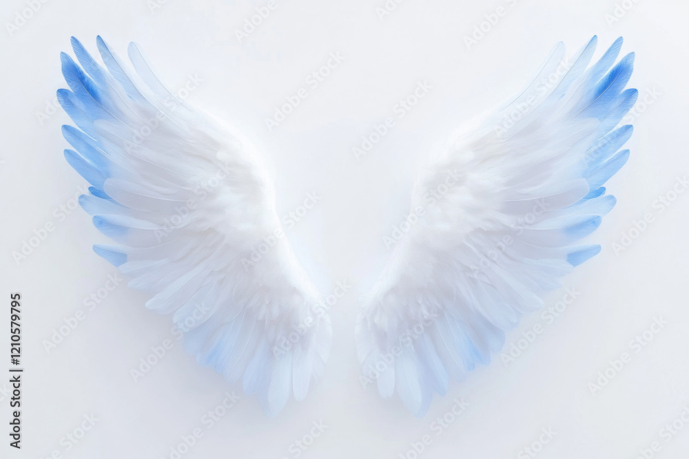 Obraz premium Delicate angel wings with blue tips against a soft white background create an ethereal and serene presence in this serene setting