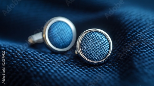 Elegant silver cufflinks resting on a textured fabric with a subtle plaid pat...