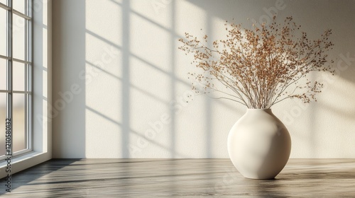 Simple vase with dried flowers in a sunlit room creates a cozy atmosphere