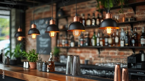Cozy bar interior featuring stylish pendant lighting and a well-stocked shelf...