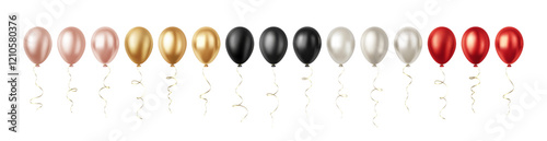 Set of Realistic 3D Red Pink Silver Rose Gold Black Party Event Balloons Isolated on White Background