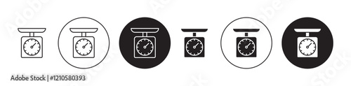 Kitchen scales icons set in black filled and stroke line style