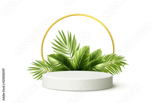 Elegant White Podium with Golden Circle Frame and Green Tropical Palm Leaves