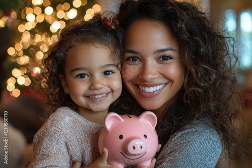 Family bonding moment with a mother and daughter holding a piggy bank during ...