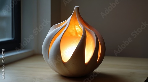 Modern interior design featuring a sculptural lamp and decorative vase on a w...