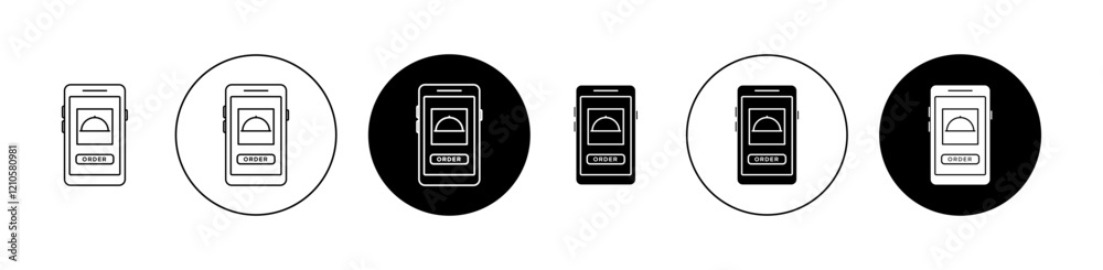Mobile food ordering icons set in black filled and stroke line style Mobile food ordering icons set in black filled and stroke line style