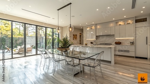 Modern dining area featuring transparent chairs and a glass table in a stylis...